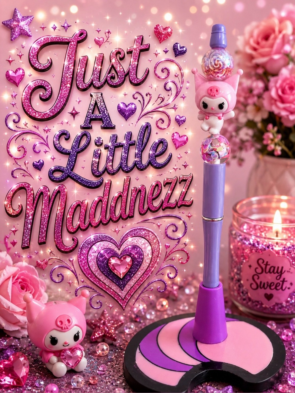 Cute Pink Character Top Lavender Bead Pen
